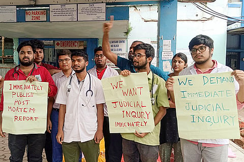 Medics protest outside North Bengal Medical College and Hospital (NBMC&H) in Kolkata